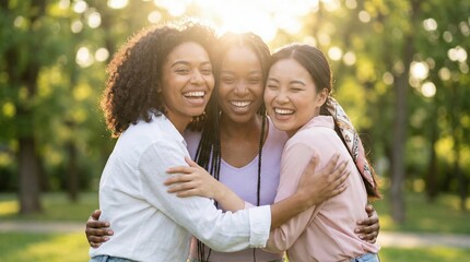 Naklejka premium Three diverse women hugging and laughing together outdoors. Symbolizes friendship, empowerment, and solidarity. Ideal for International Women's Day campaigns and social media content.