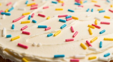 Close-up of a frosted cake, swirled icing with colorful sprinkles