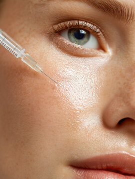 Close-up of a cosmetic injection being applied to a young woman's face with freckles and glowing skin. Concept of biorevitalization, mesotherapy, and professional aesthetic medicine