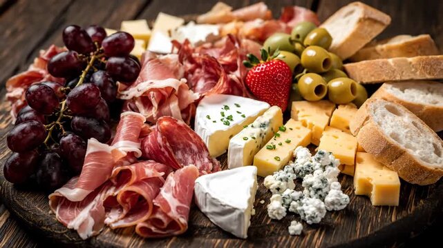 A detailed and delicious charcuterie board featuring grapes, cheese, and meats. Olives, strawberries, and bread complete the delicious assortment