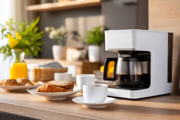 Obraz premium Modern Breakfast Setup with Clean Coffee Maker and Fresh Pastries on Table