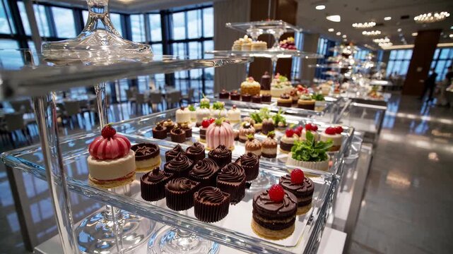 Dessert buffet with various pastries and fruits on a grand glass display in a modern restaurant or hotel banquet hall