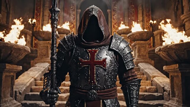 Mysterious knights templar warrior in ancient armor with hood and templar cross, standing guard in a dark, fiery medieval temple