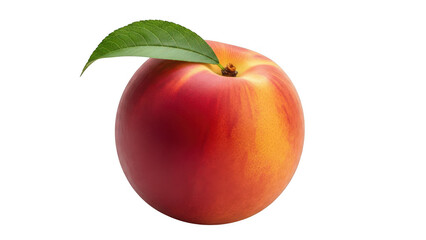 A ripe peach with a glossy skin and a fresh green leaf on top