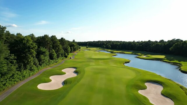 Aerial view of a golf course featuring green grass, sand traps, a lake, trees, and blue sky
