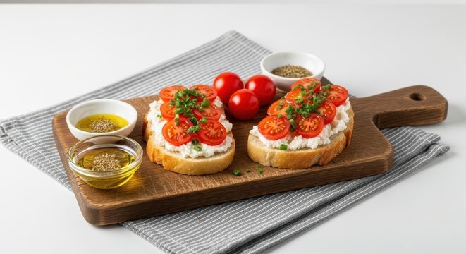 Freshly Prepared Bruschetta Toasts Topped with Ricotta and Cherry Tomatoes Served with Olive Oil and Spices