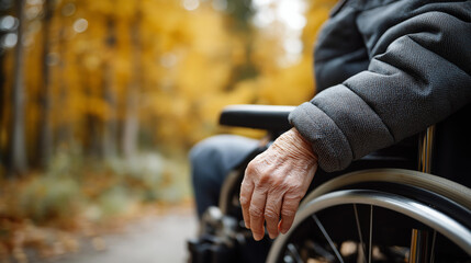 Obraz premium Faceless close-up of an elderly person's hand resting on a wheelchair wheel in an autumn park, defocused fall foliage background, senior mobility, aging lifestyle, outdoor
