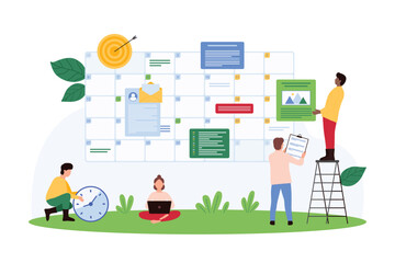 Teamwork and productivity with tiny people organizing schedules, tasks, and deadlines on a large planner calendar, perfect for time management and workflow, isolated vector illustration © Flash Vector