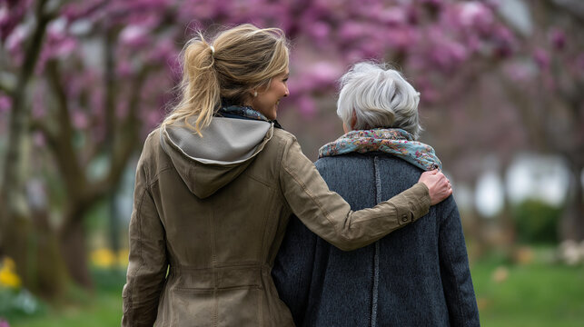 Faceless young woman strolling with an elderly person through a spring park, soft natural lighting, defocused blooming background, outdoor senior care, intergenerational walk,