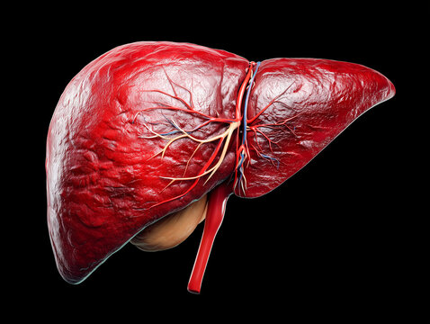 Realistic anatomical model of the human liver with a detailed vascular network isolated on a black background. Concept for medical education, healthcare, and liver health