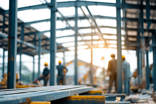Steel beams in focus at a construction site with blurred workers in the background. Industrial scene of building a metal warehouse structure under warm sunlight during sunset
