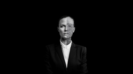Fototapeta premium AGI and superintelligence concept with cyborg split face, AI alignment and future human machine evolution