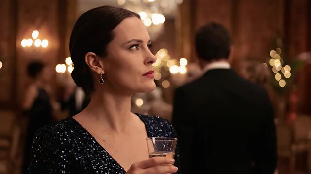 Caucasian woman socialite drinking champagne and looking suspiciously at party. Deception and cunning behavior