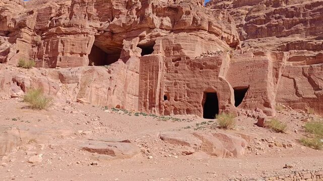 Petra Jordan Aerial view on old Ancient City and Huge Rock Formations. Caves and Tombs, One of the Seven Wonders of the World