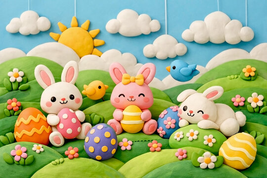 3D easter card bunny with eggs