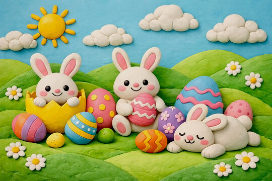 3D easter card bunny and easter eggs