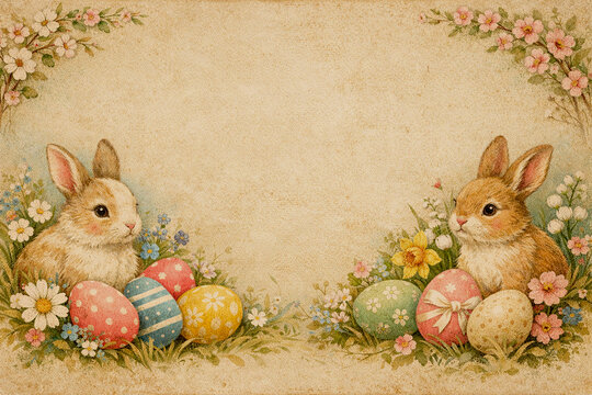 vintage easter card with bunny and eggs