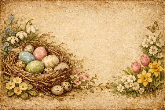 easter still life with eggs and flowers