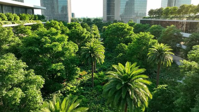 Lush green urban oasis featuring dense trees, vibrant palms, and modern architecture