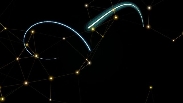 A futuristic constellation pattern is depicted with glowing blue lines and golden dots against a dark background from a top-down viewpoint