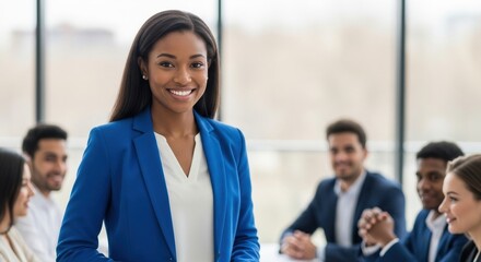 Obraz premium confident woman leading diverse business team meeting in modern office