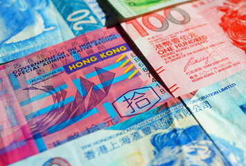 Hong Kong dollar banknotes background. Hong Kong dollar cash payment and wages. Cash background....