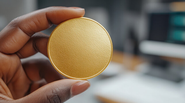 Gold market globle gold price analysis hand holding coin with golden color in blurred office background showing value and wealth