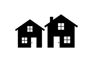 Two black house silhouettes with windows and doors on a white background