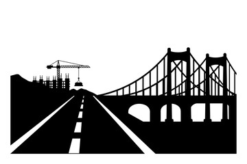 Fototapeta premium Silhouette of a suspension bridge construction site with a road leading towards it