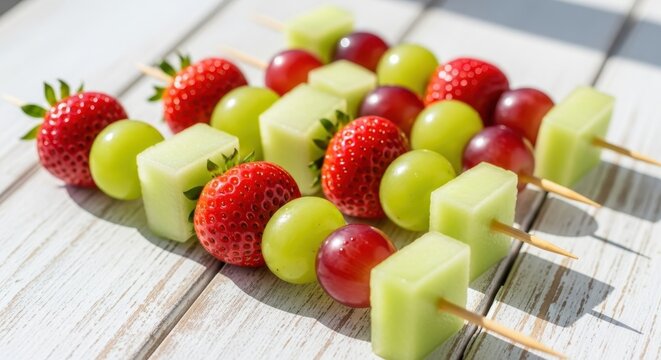 Artfully Threaded Fruit Skewers Featuring Strawberries Grapes and Melon Cubes on Wooden Surface