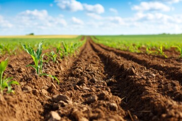 Obraz premium Lush Postharvest Agricultural Field with Clear Blue Sky and Crop Rows