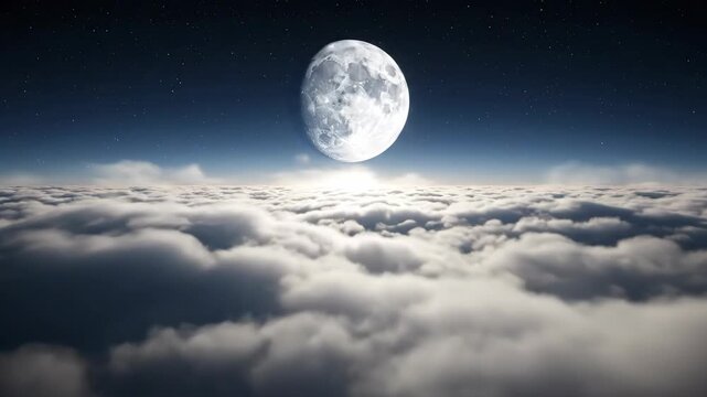 A serene nightscape featuring a luminous full moon suspended above fluffy clouds, dotted by stars