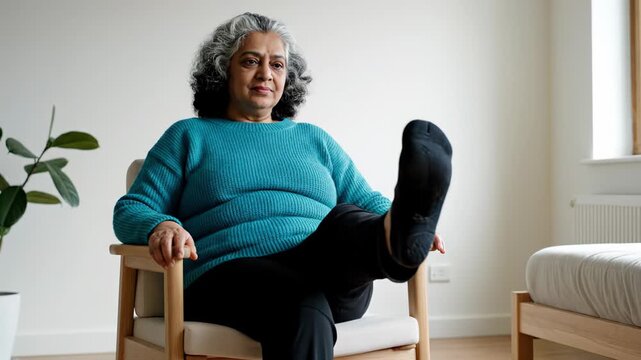 South Asian woman in blue sweater seated in chair performs leg stretching exercise, demonstrating gradual movement in a bright indoor space with minimal decor