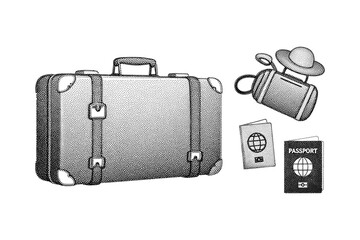 Naklejka premium Vintage travel luggage with passports and a hat, ready for a journey