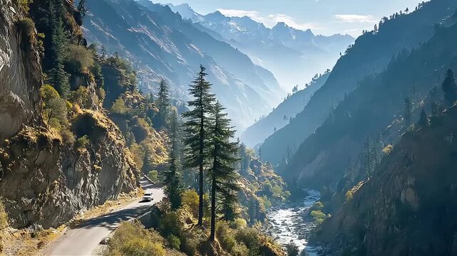 A serene journey through majestic mountains, perfect for travel enthusiasts seeking tranquility and natural beauty.