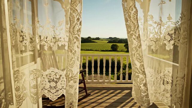 Scenic view from a porch with lace curtains framing a rocking chair overlooking a lush green landscape under a clear blue sky in a rural setting