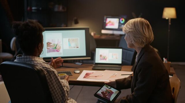 Back view shot of Caucasian designer and African American photographer sitting at table and looking at reference photos, discussing them