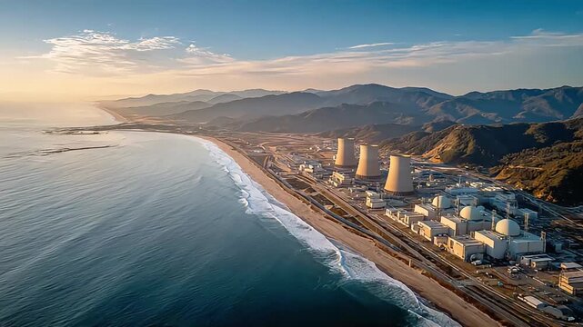 A serene view of a nuclear power plant nestled between the ocean and mountains, evoking a sense of industrial harmony with nature.