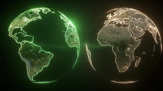 Two digital globes glowing against a dark background, showing continents. One is green, the other gold