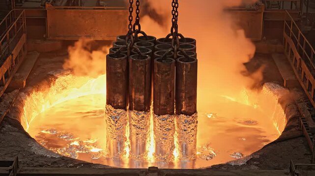Heavy metal casting process with molten metal pouring from suspended molds into a casting pit, surrounded by smoke and industrial equipment in a manufacturing facility