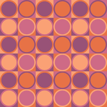 Retro 70s geometric pattern with concentric circles and squares. Vintage mid-century background in orange, purple, and pink for textile prints, wallpaper, and nostalgic 60s graphic design.
