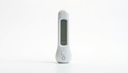 A sleek white electronic thermometer for measuring body temperature, isolated on a clean white background.