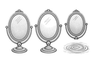Three vintage oval vanity mirrors in stippled illustration style