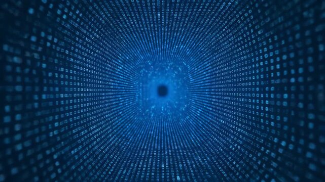 A digital representation shows a blue tunnel-like formation composed of binary code. The visual suggests data flow and tech concepts