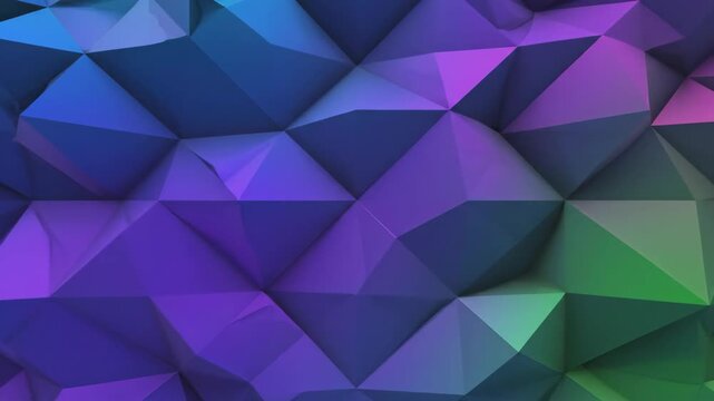 A 3D polygonal background features a mosaic effect and abstract design with shades of blue, purple, and green