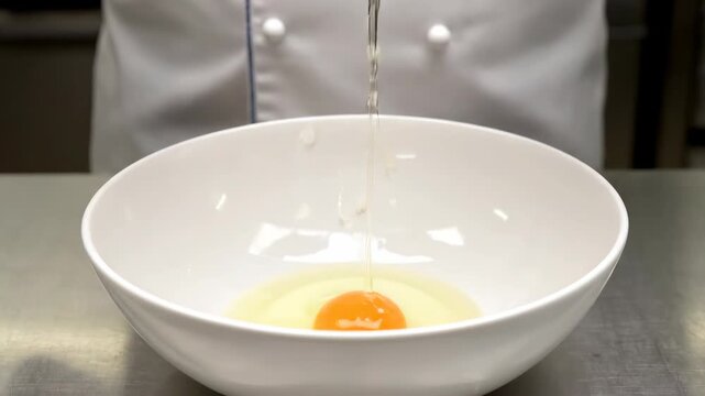 A close-up shot of an egg being cracked into a white bowl. A chef's hand with tools separating the whites