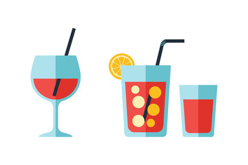 Collection of three stylized red drinks with straws and garnishes on a white background