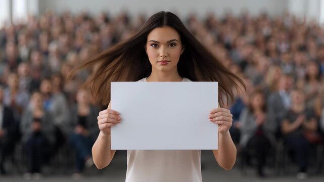 Young woman with long dark hair holds blank sign in front of large audience, showcasing engagement and focus in a spacious indoor setting with rows of seated people