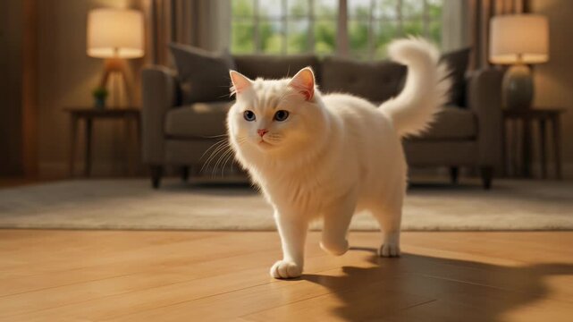White fluffy cat with blue eyes walks across wooden floor towards the camera, transitioning to a relaxed pose on a soft rug in a cozy living room setting