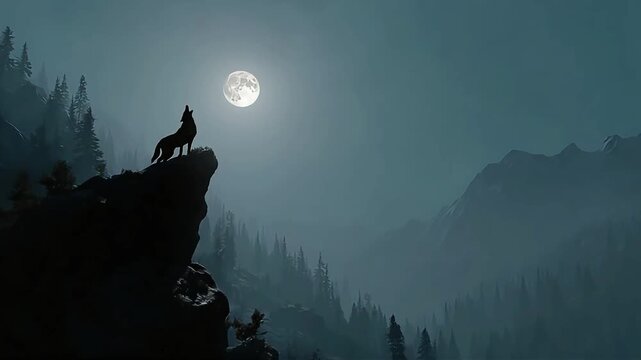 A lone wolf howls under a full moon, evoking mystery and wilderness. Perfect for nature-themed content.